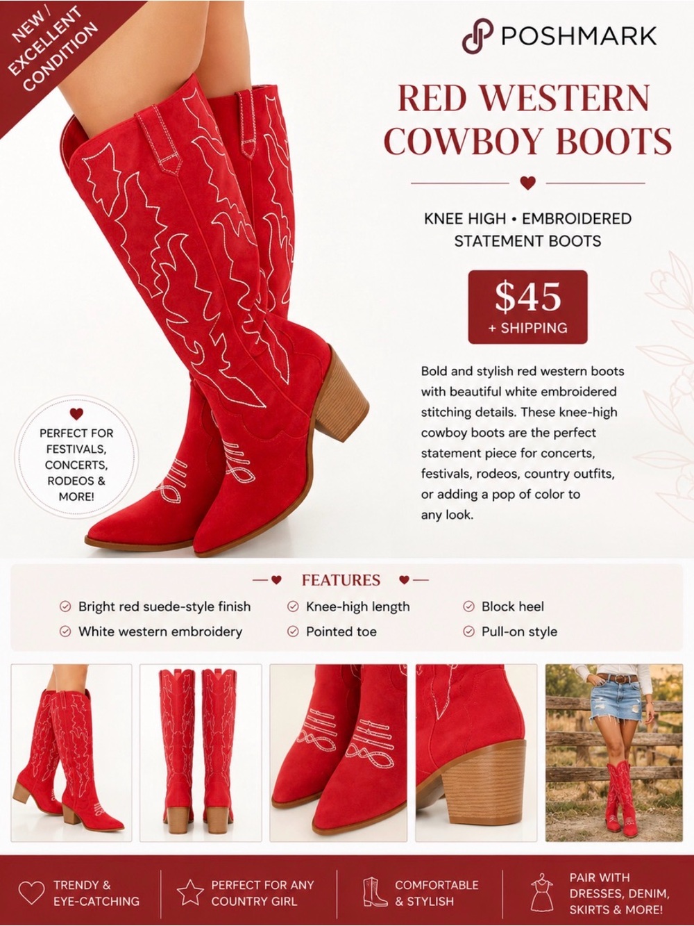 Women's Red Western Knee-High Boots with Embroidered Detail